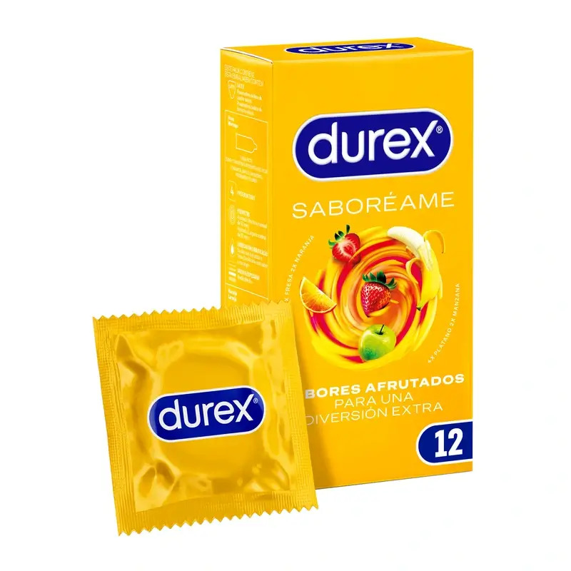 Durex Preservativos Saboreame con Sabores Afrutados - Fresa, Plátano, Naranja y Manzana 12 unidades