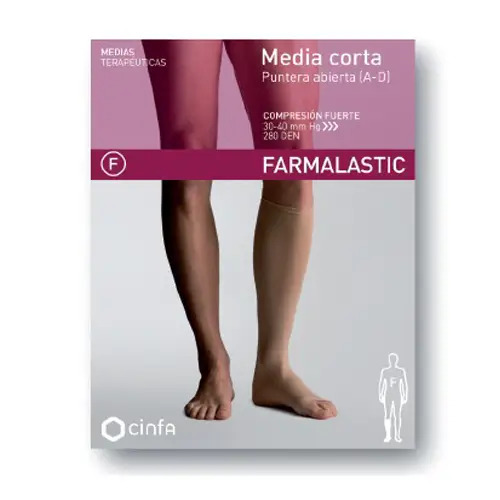 Farmalastic Media Corta Compresión Fuerte Puntera Abierta Beige, Talla XL