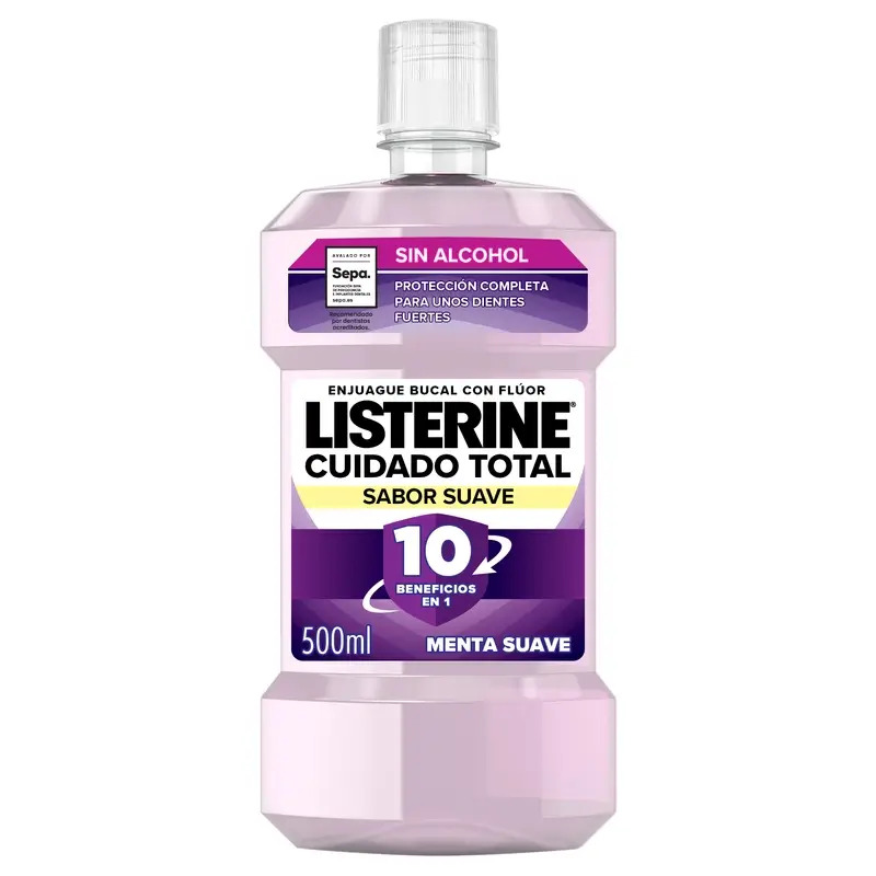 Listerine Cuidado Total Enjuague Bucal Sin Alcohol, Sabor Suave, 500 Ml
