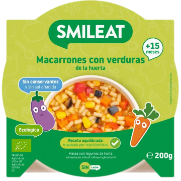 Smileat Platito Macarrones Con Verduras De La Huerta Eco, 200 gr