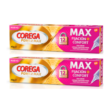 Corega Duplo Max Fijación + Confort Crema Fijadora para Prótesis Dentales, 2 x40 gr