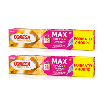 Corega Duplo Max Fijación + Confort Crema Fijadora para Prótesis Dentales, 2 x70 gr