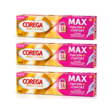 Corega Triplo Max Fijación + Confort Crema Fijadora para Prótesis Dentales, 3 x40 gr