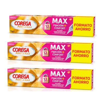 Corega Triplo Max Fijación + Confort Crema Fijadora para Prótesis Dentales, 3 x70 gr