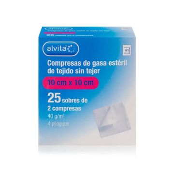 Alvita Compresas De Gasa Estéril De Tejido Sin Tejer 10 Cm X 20 Cm, 25 sobres de2 compresas