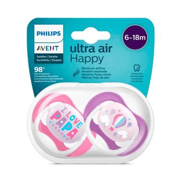 Avent 2 Chupetes Ultra Air Collection Happy 6-18 Meses Silicona Niña
