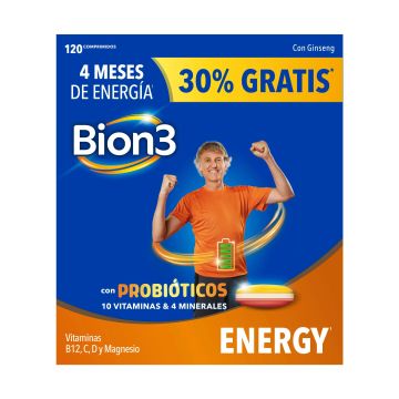 Bion3 Energy Comprimidos Multivitamínicos con Probióticos, Vitamina B12, C y Magnesio