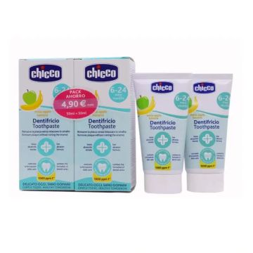 Chicco Pasta De Dientes Manzana Y Platano 6-24M Fluor Pack Ahorro, 2x50 ml