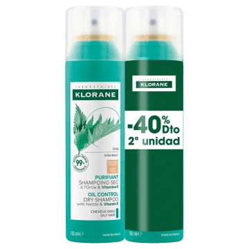 Klorane Pack Champú Seco Ortiga Natural Cabello Graso Castaño 2x150ml 40% DTO