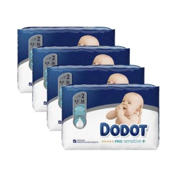 Dodot Pack 4X Sensitive Pañal Talla 2 (4-8 Kg), 144 Unidades