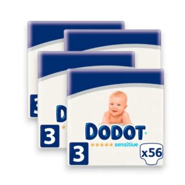 Dodot Pack 4X Sensitive Pañal Talla 3 (6-10 Kg), 224 Unidades