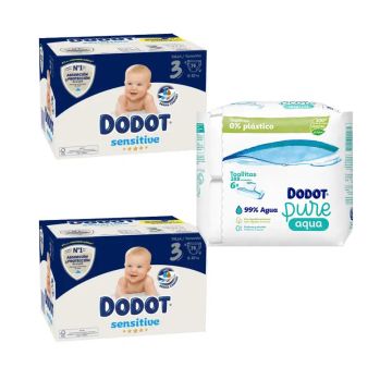Dodot Pack 2X Sensitive Pañal Recién Nacido Box Talla 3, 74 unidades + ToallitasPure Aqua Bebé, 288 Unidades