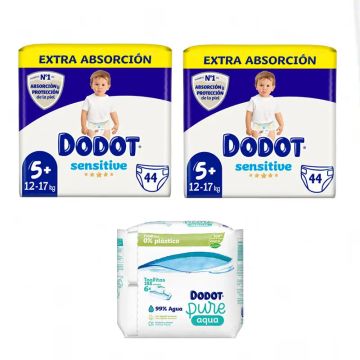 Dodot Sensitive Pañal Pack Talla 5, 2 x 44 uds + Toallitas Pure Aqua Bebé 288Unidades