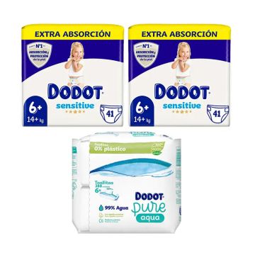 Dodot Sensitive Extra-Jumbo Pack Talla 6, 2 x 41 uds + Toallitas Pure Aqua ParaBebé 288 Unidades