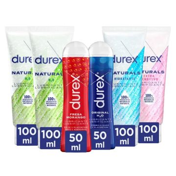 Durex Pack Lubricantes Nat, 2x100Ml + Ácido Hialurónico, 100 Ml + ExtraSensitivo, 100 Ml + Original, 50 Ml + Fresa, 50 Ml