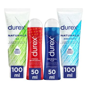 Durex Pack Lubricantes Natural, 100 Ml + Original, 50 Ml + Naturals ÁcidoHialurónico, 100 Ml + Fresa, 50 Ml