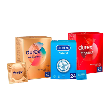 Durex Pack Preservativos Natural Plus, 24 Unidades + Sensitivo Suave, 12Unidades + Real Feel, 24 Unidades