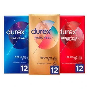 Durex Pack Preservativos Originales Natural Plus, 12 Unidades + Sensitivo Suave,12 Unidades + Real Feel, 12 Unidades