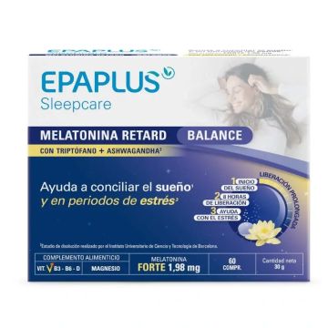 Epaplus Sleepcare Melatonina Retard Balance Con Triptófano, 30 gramos, 60comprimidos