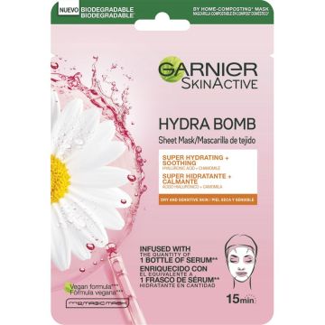 Garnier Skin Active Mask Tissu Mascarilla De Tela Hydra Bomb Hidratante CalmanteCon Ácido Hialurónico Y Manzanilla