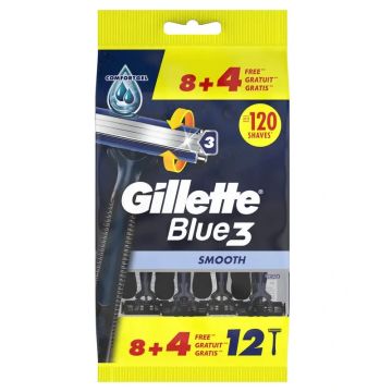 Gillette Blue3 Smooth 8+4 Maquinillas Desechables Hombre Cabezal Pivotante 40° YBanda Lubricante , 12 unidades