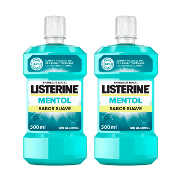 Listerine Duplo Enjuague Bucal, Mentol Sabor Suave, Sin Alcohol, Para UsoDiario, 2 x 500Ml