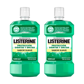 Listerine Duplo Enjuague Bucal Protección Dientes Y Encías Menta Suave SinAlcohol, 2 x 500 Ml