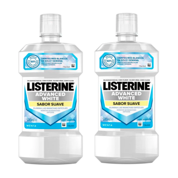 Listerine Duplo Enjuague Bucal, Blanqueador Avanzado, Sin Alcohol, Menta Suave,2 x 500 Ml