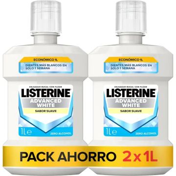 Listerine Enjuague Bucal, Advanced White Con Blanqueador, Sabor Suave Menta, SinAlcohol Pack De 2 X 1000Ml