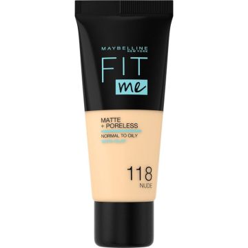 Maybelline New York Fit Me Mate Y Afinaporos Base De Maquillaje Tono 118 NudeCalca A Tu Tono Y Textura Pieles Claras - 30Ml