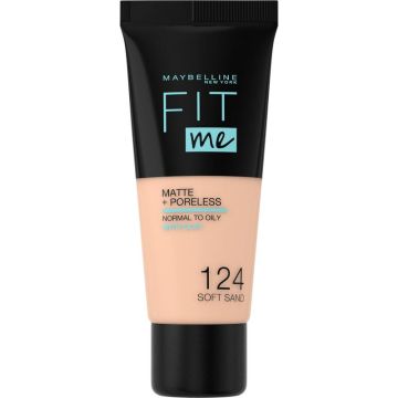 Maybelline New York Fit Me Mate Y Afinaporos Base De Maquillaje Tono 124 SoftSand Calca A Tu Tono Y Textura Pieles Medio Claras - 30Ml
