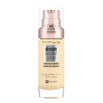 Maybelline New York Dream Radiant Liquid 10 Ivory: Base hidratante con ácidohialurónico y colágeno, piel clara, 30ML
