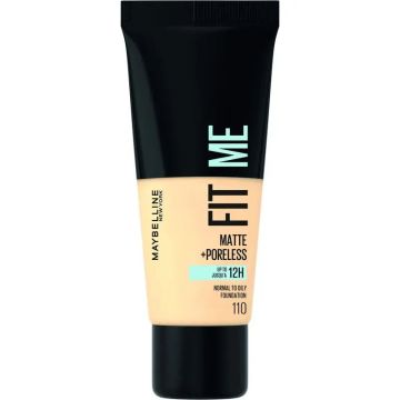 Maybelline New York Fit Me Mate y Afinaporos Base de Maquillaje tono 110 calca atu tono y textura pieles claras, 30ML