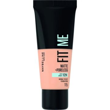 Maybelline New York Fit Me Mate y Afinaporos Base de Maquillaje tono 115 calca atu tono y textura pieles claras, 30M