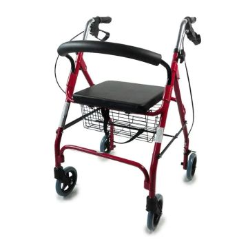 Andador 4 Ruedas Plegable y Regulable En Altura con Cesta, Asiento y RespaldoAcolchado, Color Rojo