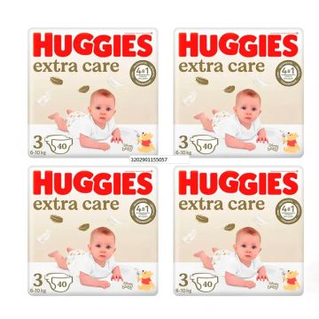 Huggies Pack 4X Pañal Extra Care Talla 3 (5-9Kg), 160 Unidades
