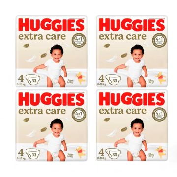 Huggies Pack 4X Pañal Extra Care Talla 4 (8-14Kg), 132 Unidades