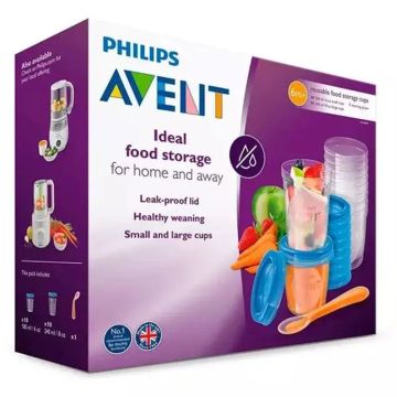 Avent Set 10 Recipientes Vía 180 ml + 10 Recipientes Vía 240 ml+ 20 Tapas + 1Cuchara + 1 Libro de Recetas Scf721/20