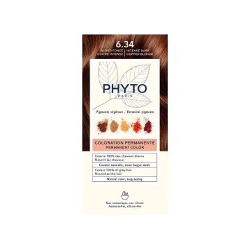 Phyto Coloración 6.34 Rubio Oscuro Cobrizo - Kit Coloración Permanente, 110 ml