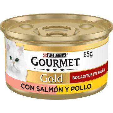 Purina Gourmet Gold Bocaditos En Salsa Con Salmon/Pollo 85X24 Pack, comidahúmeda para gatos