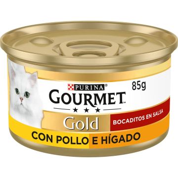 Purina Gourmet Gold Bocaditos Salsa Pollo Higado 24X85Gr, comida húmeda paragatos
