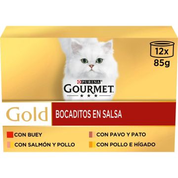 Purina Gourmet Gold Bocaditos Salsa Surtido Caja 12X85Gr, comida húmeda paragatos