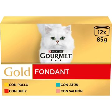 Purina Gourmet Gold Fondant Buey Atun Salmon Multipack 12X85Gr, comida húmedapara gatos