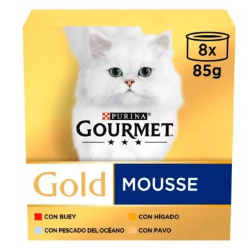 Purina Gourmet Gold Mousse Surtido Caja 8X85Gr, comida húmeda para gatos