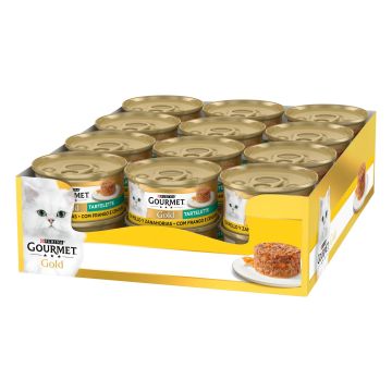 Purina Gourmet Gold Tartallette Pollo Zanahoria Caja 24X85Gr, comida húmeda paragatos