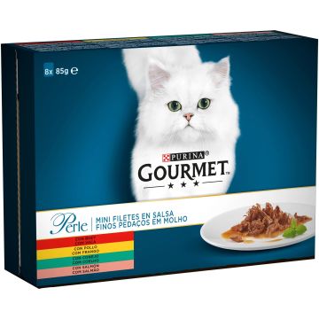 Purina Gourmet Perle Laminas Pollo Caja 8X85Gr, comida húmeda para gatos