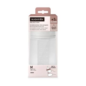 Suavinex Biberón Con Botella De Silicona De 240 Ml, Tetina Fisiológica Sx Pro,Flujo Medio (M). +3 Meses. Colour Essence, Gris