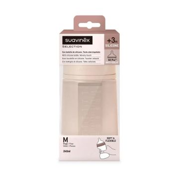 Suavinex Biberón Con Botella De Silicona De 240 Ml, Tetina Fisiológica Sx Pro,Flujo Medio (M). +3 Meses. Colour Essence, Nude