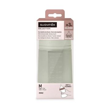 Suavinex Biberón Con Botella De Silicona De 240 Ml, Tetina Fisiológica Sx Pro,Flujo Medio (M). +3 Meses. Colour Essence, Verde