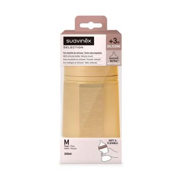 Suavinex Biberón Con Botella De Silicona De 240 Ml, Tetina Fisiológica Sx Pro,Flujo Medio (M). +3M. Colour Essence, Mostaza